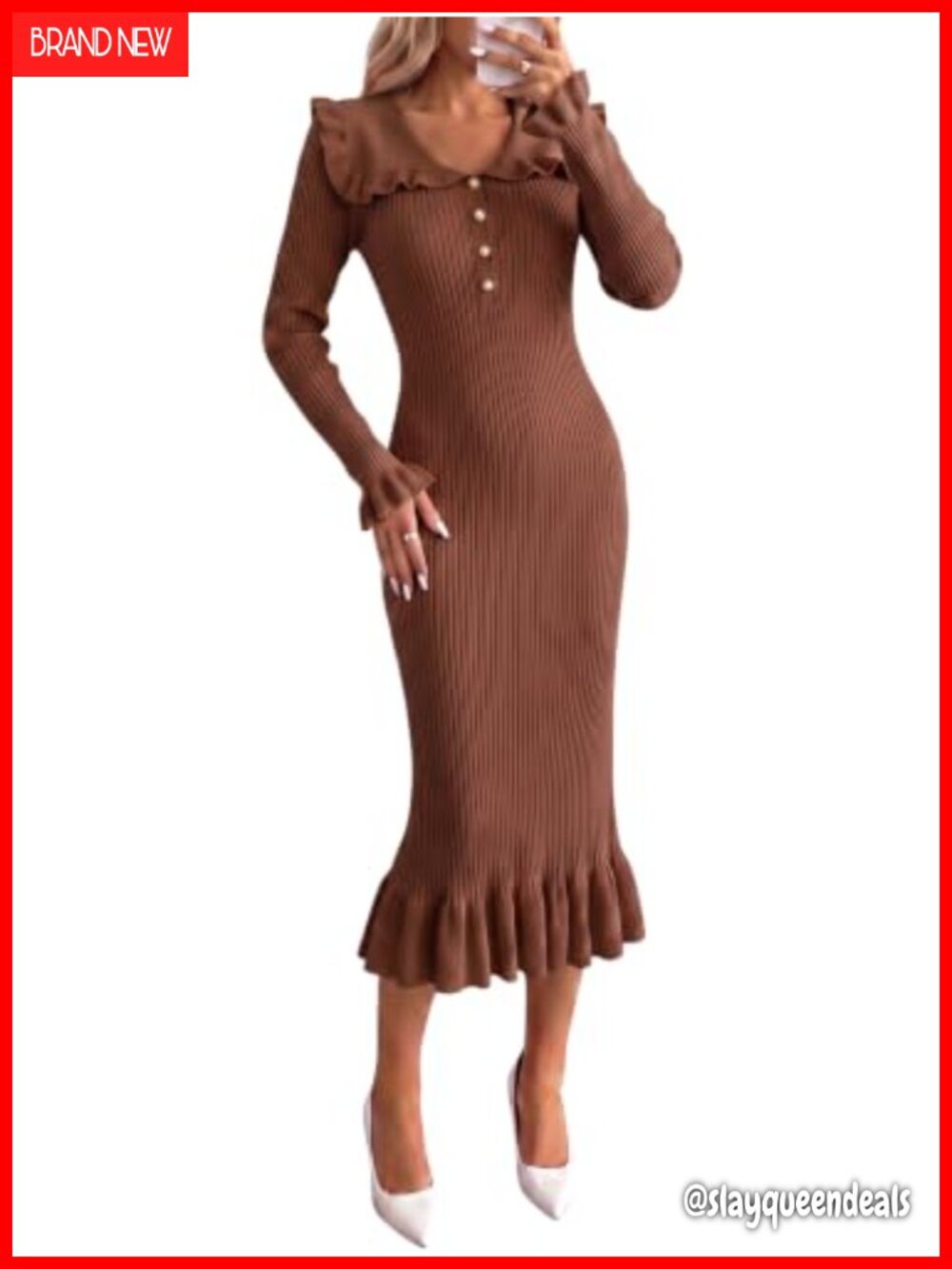 Ribbed Knit Midi Dress Button Front Ruffle Peter Pan Collar